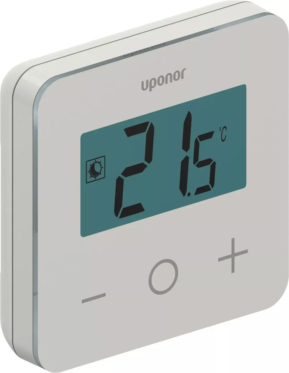 Thermostat von Uponor mit digitalem Display, das die Temperatur in Grad Celsius anzeigt, sowie Tasten zur Temperatureinstellung.